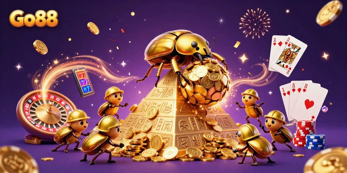 Experience the thrill of Go88 as the golden dung beetle rolls coins, illustrating a vibrant casino adventure.