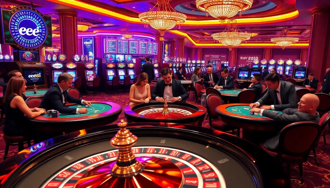 Players enjoying an exciting game at the elegant EE 88 casino table, surrounded by vibrant slot machines.