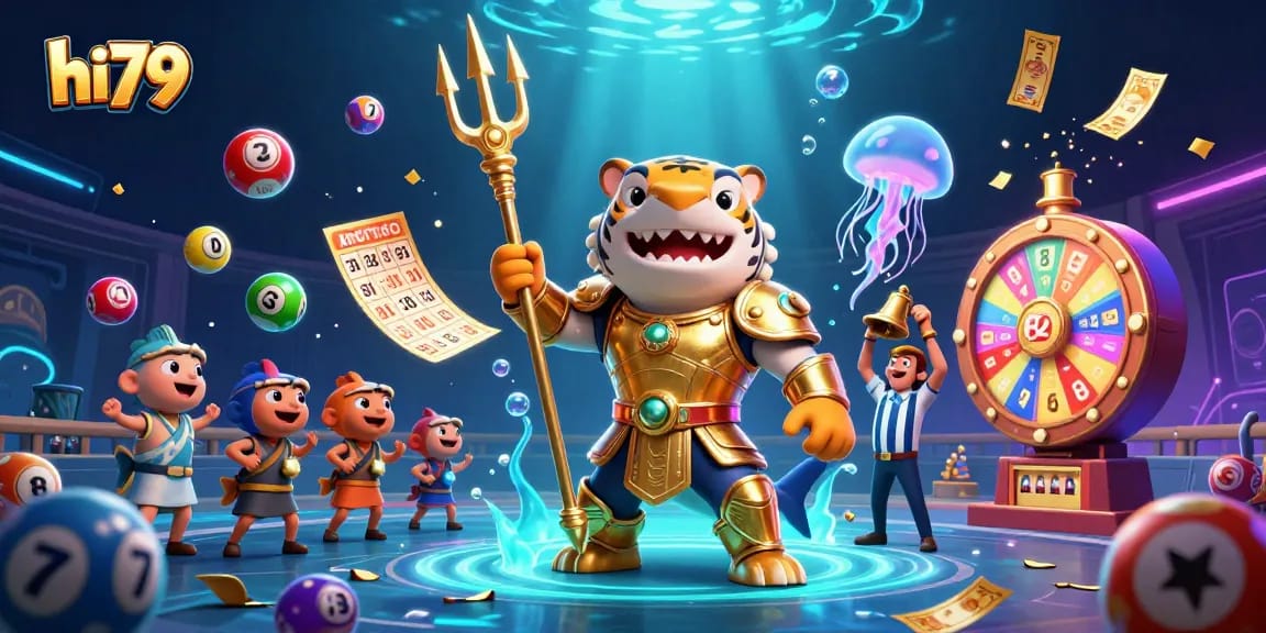 Experience the thrilling underwater casino scene of hi79 with a trident-wielding shark and dynamic lottery elements.