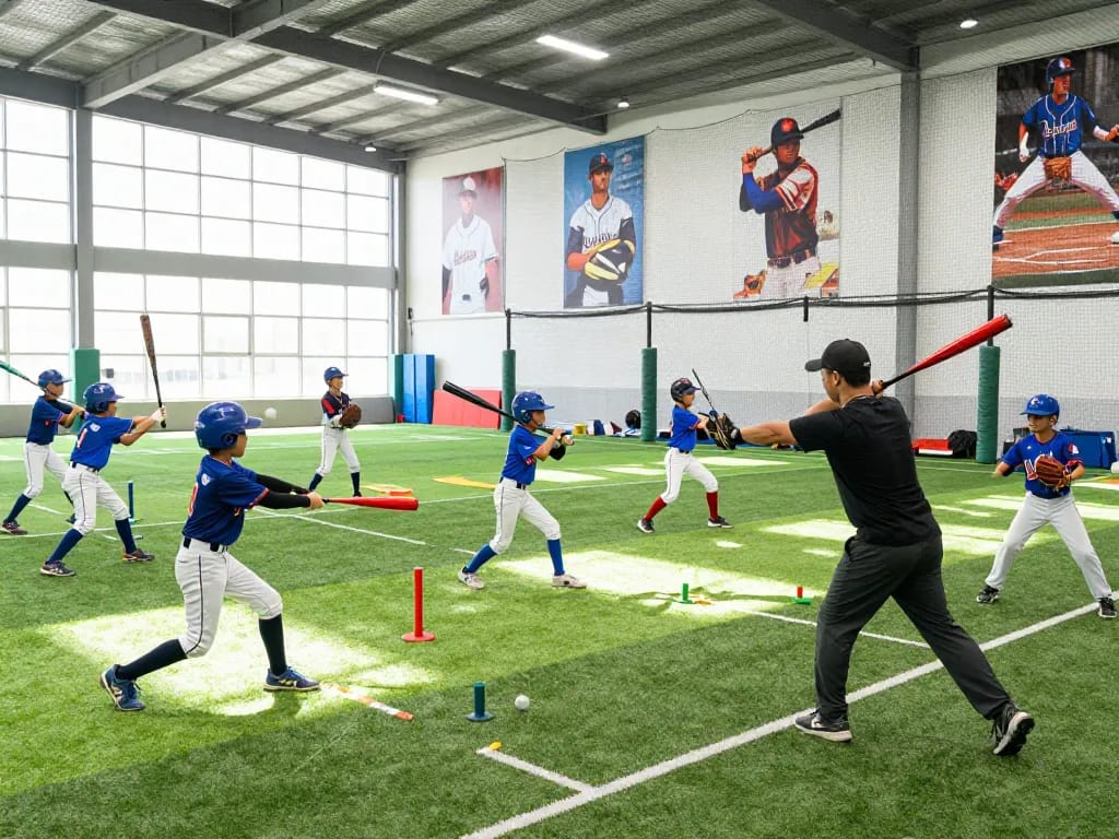 Youth athletes at hitclub baseball training facility practicing swings with a coach.