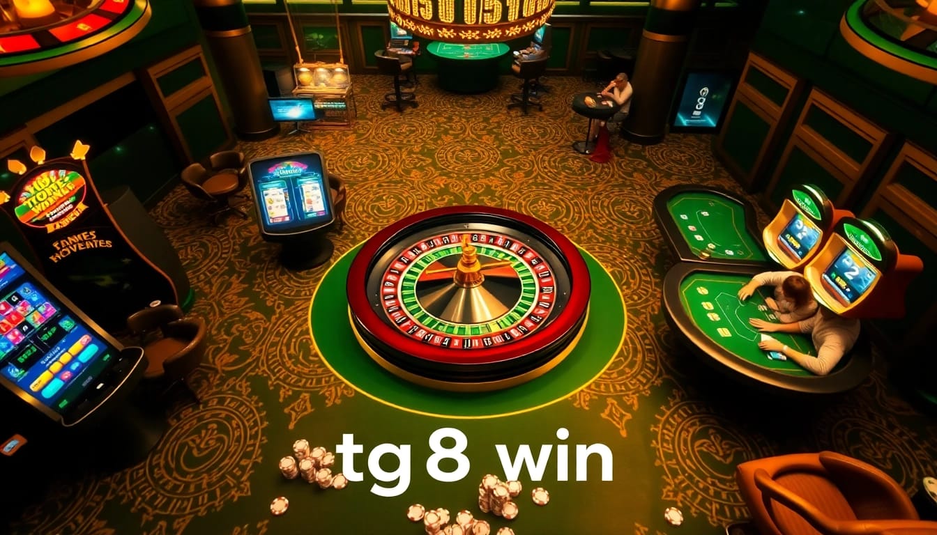 Tg88 win illuminates an upscale casino ambiance with engaging players, vibrant slot machines, and a roulette wheel.