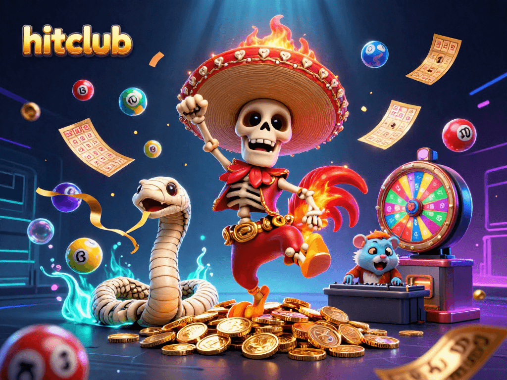 Hitclub showcases a vibrant scene featuring a skeleton mariachi rooster, mummy snake, and zombie DJ amidst lottery elements.