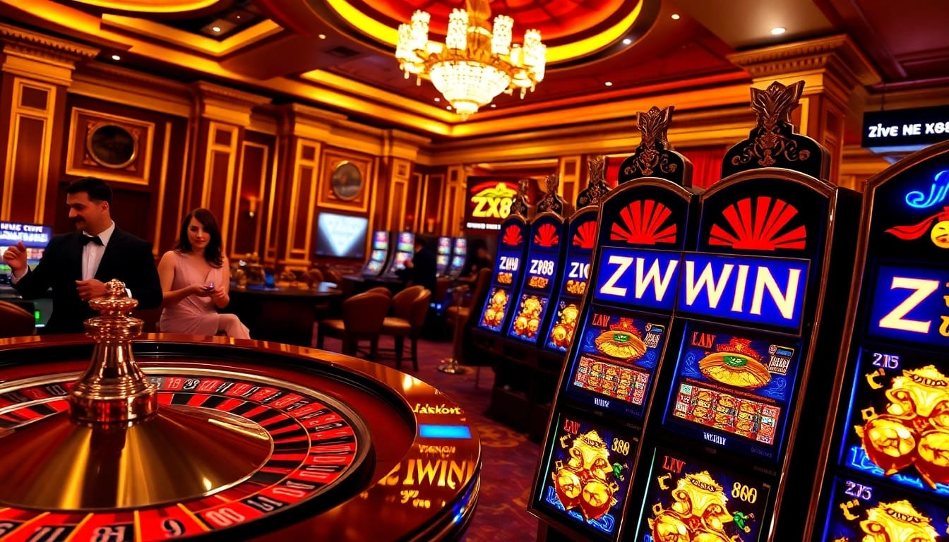 Experience wins at ZX88 WIN with exciting slot machines and roulette tables in a luxurious casino setting.