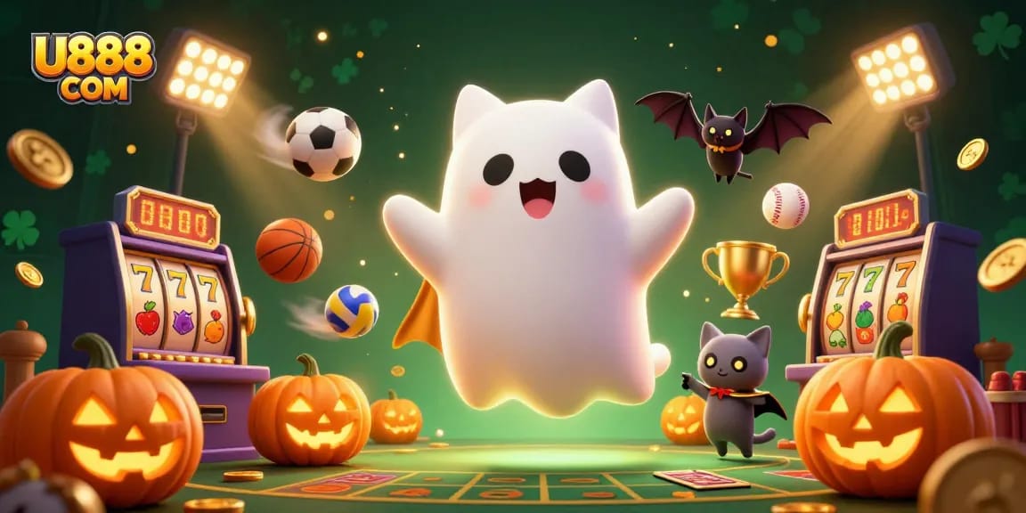 Experience U888 COM's thrilling casino adventures with a ghost cat and vampire bat in a vibrant haunted environment.