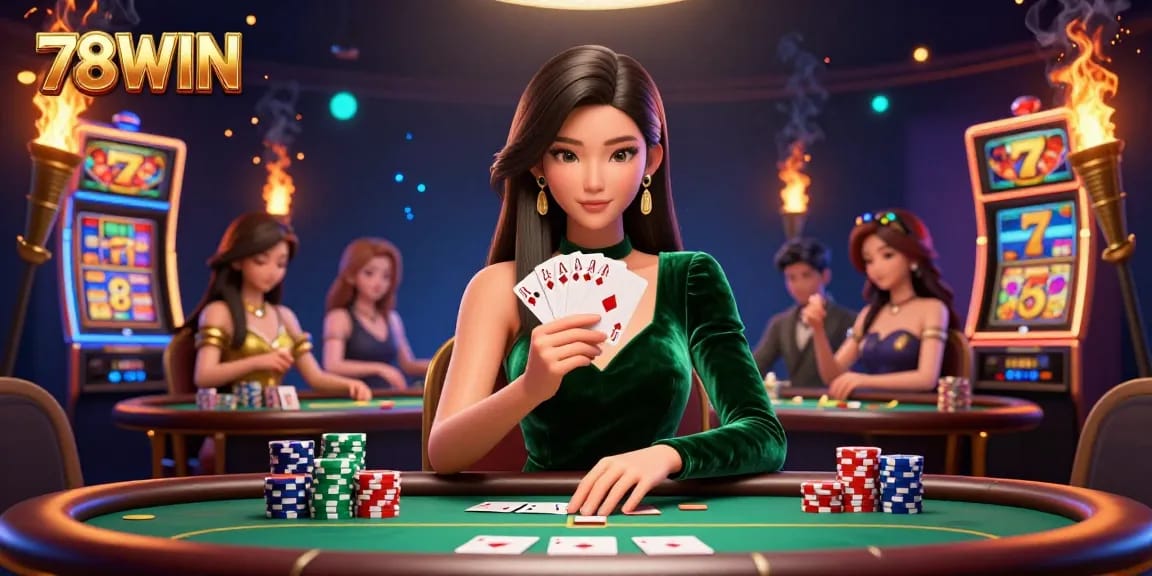 Experience the thrill of gaming at 78WIN with stunning visuals of strategic poker play and exciting slot elements.