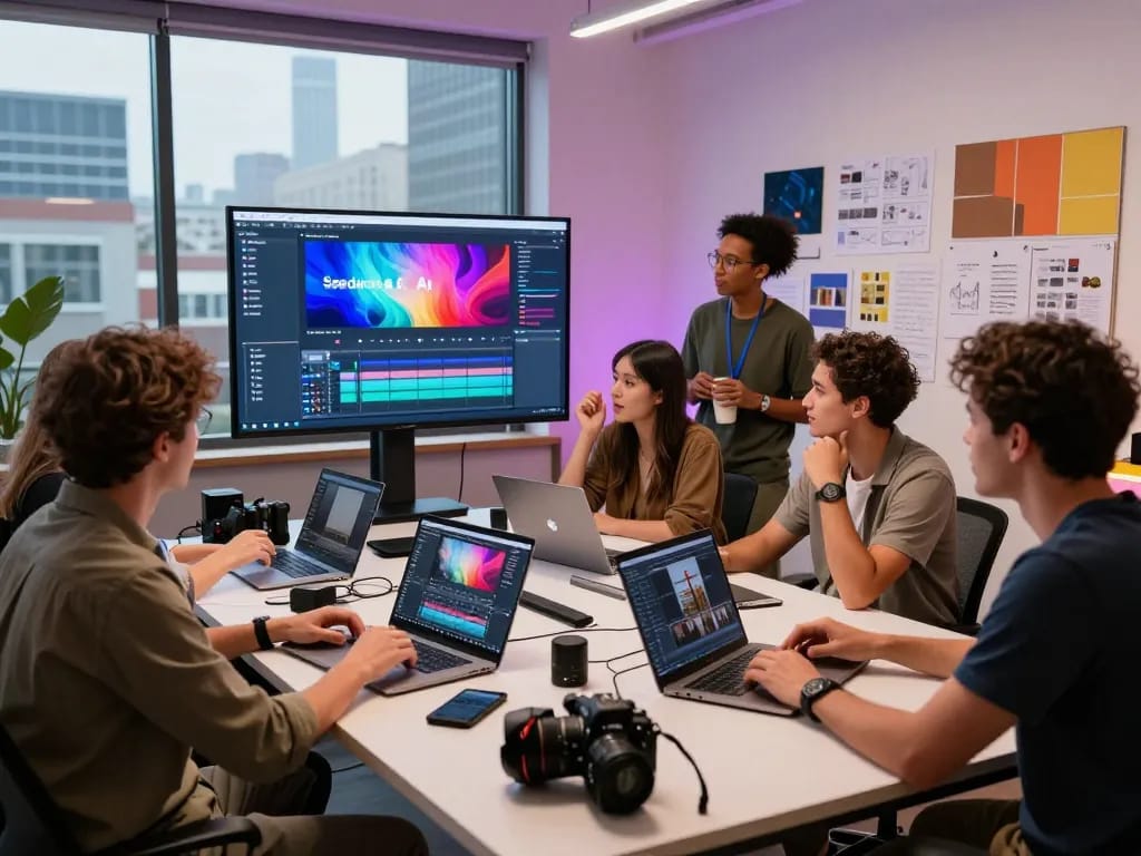 Content creators using seedance ai for innovative video production in a lively studio setting.