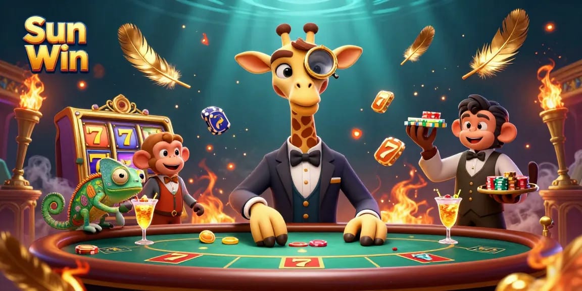 Engage in thrilling gameplay at Sun Win with captivating visuals of poker, vibrant banners, and golden motifs.