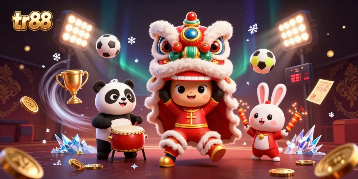 Experience gaming action with tr88 in a vibrant 3D illustration of a lively festival scene.