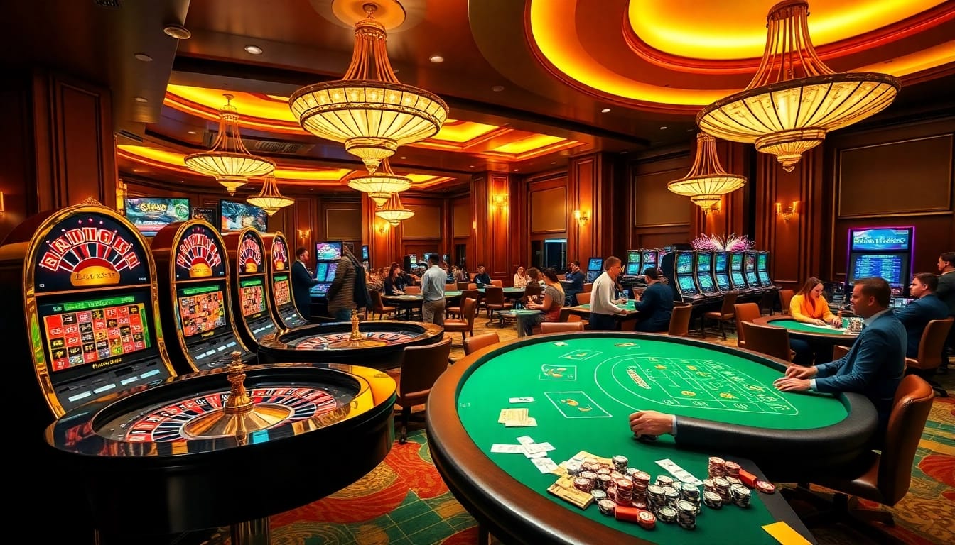 Engaging sp8 bet players at a vibrant casino with roulette wheels, poker tables, and lively slot machines.