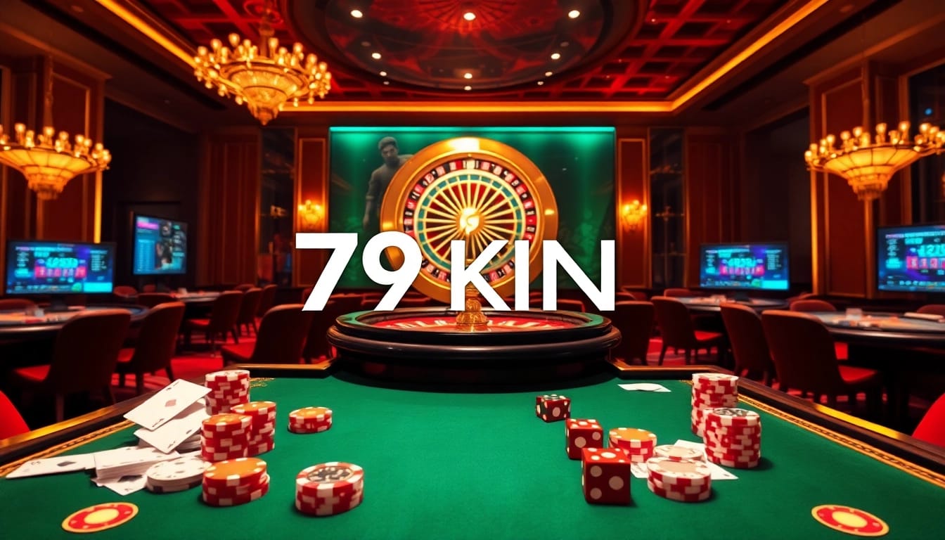 Exciting 79KING casino scene showcasing betting excitement with vibrant poker chips and cards.
