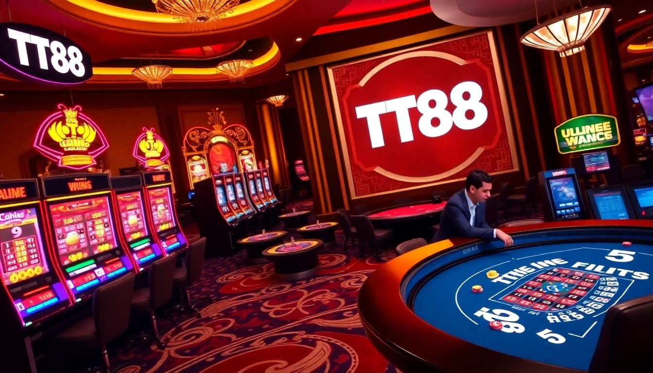 TT88 features thrilling casino games with poker chips and vibrant slot machines in a luxurious setting.