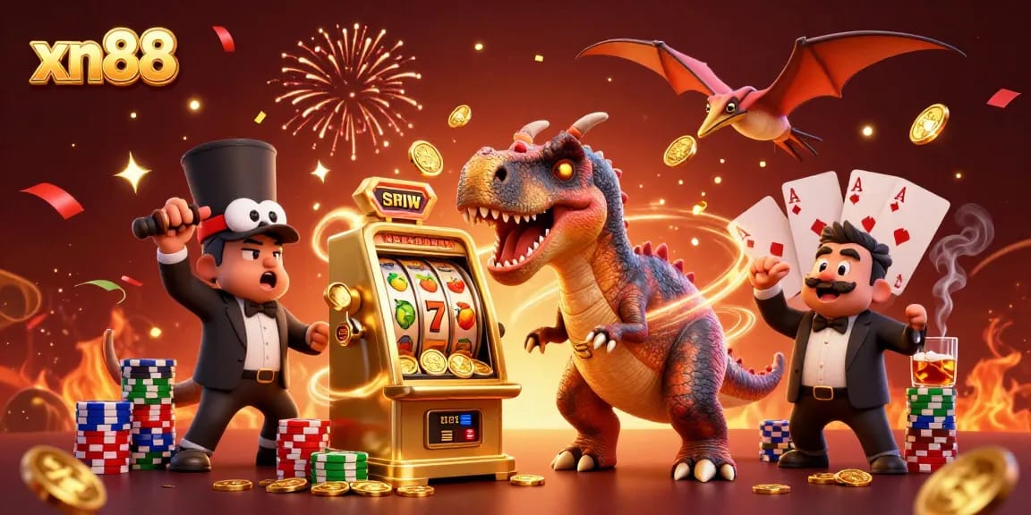 Experience xn88 thrills as 3D cartoon dinosaurs celebrate jackpot wins in a vibrant casino scene.