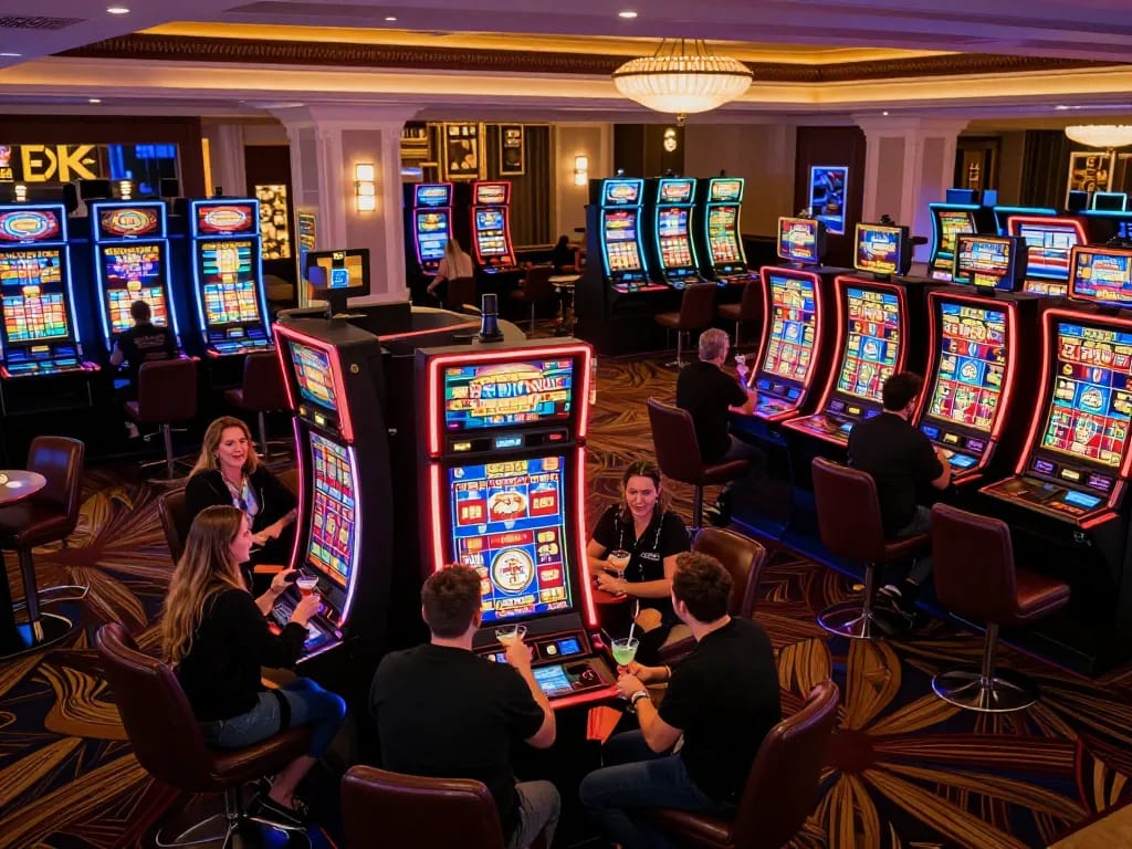 Players enjoying vibrant slot games at OKFUN casino with lively atmosphere and bright lights.