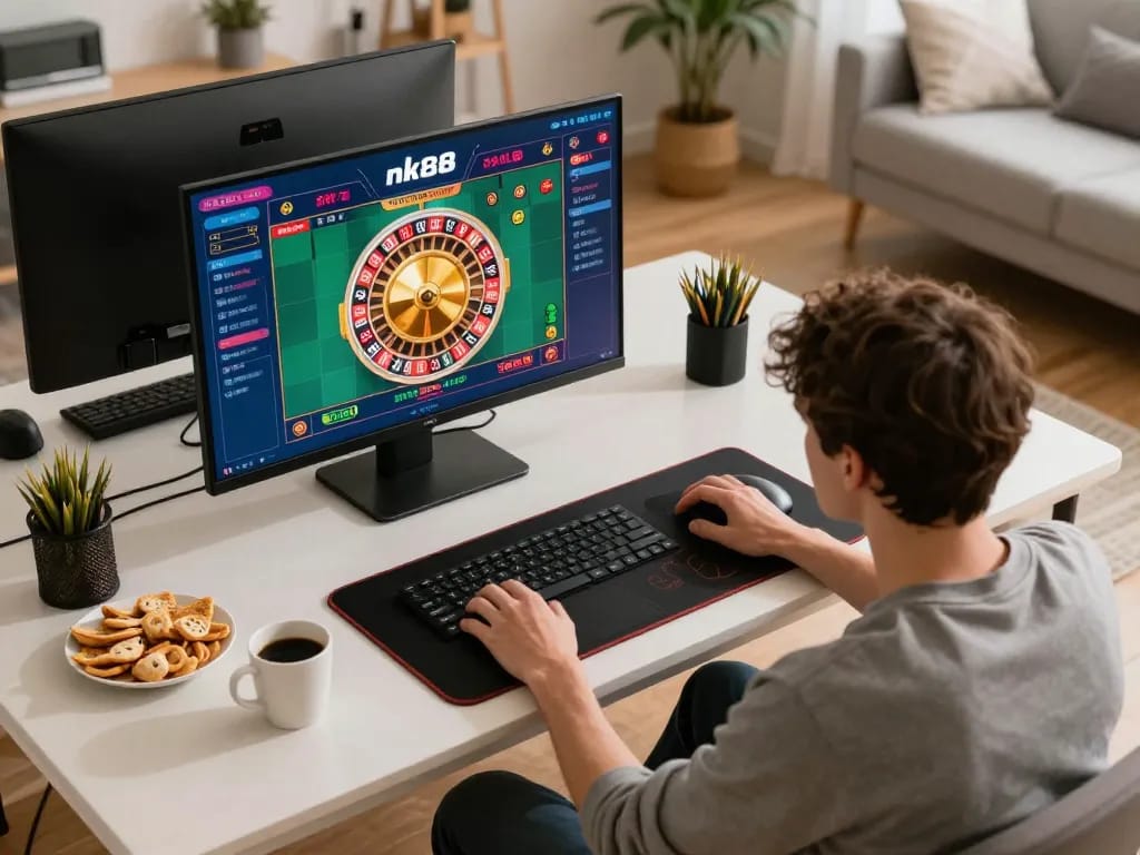 Playing roulette on nk88 com mobile app in a cozy home environment with snacks.