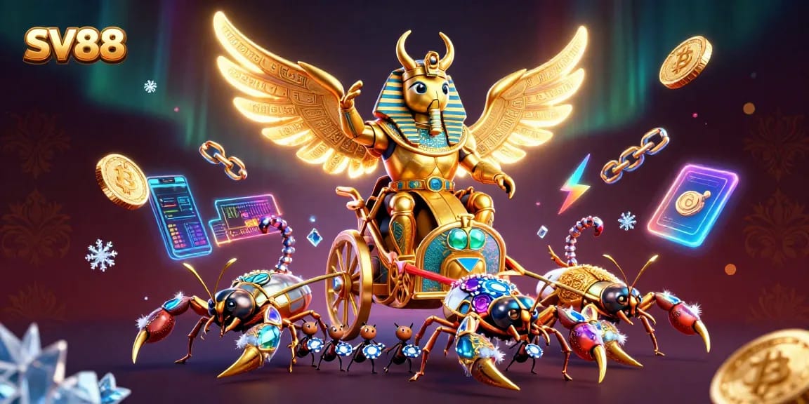 Experience thrilling gaming at SV88 with golden beetles, scorpions, poker chips, and crypto elements in a dynamic casino scene.