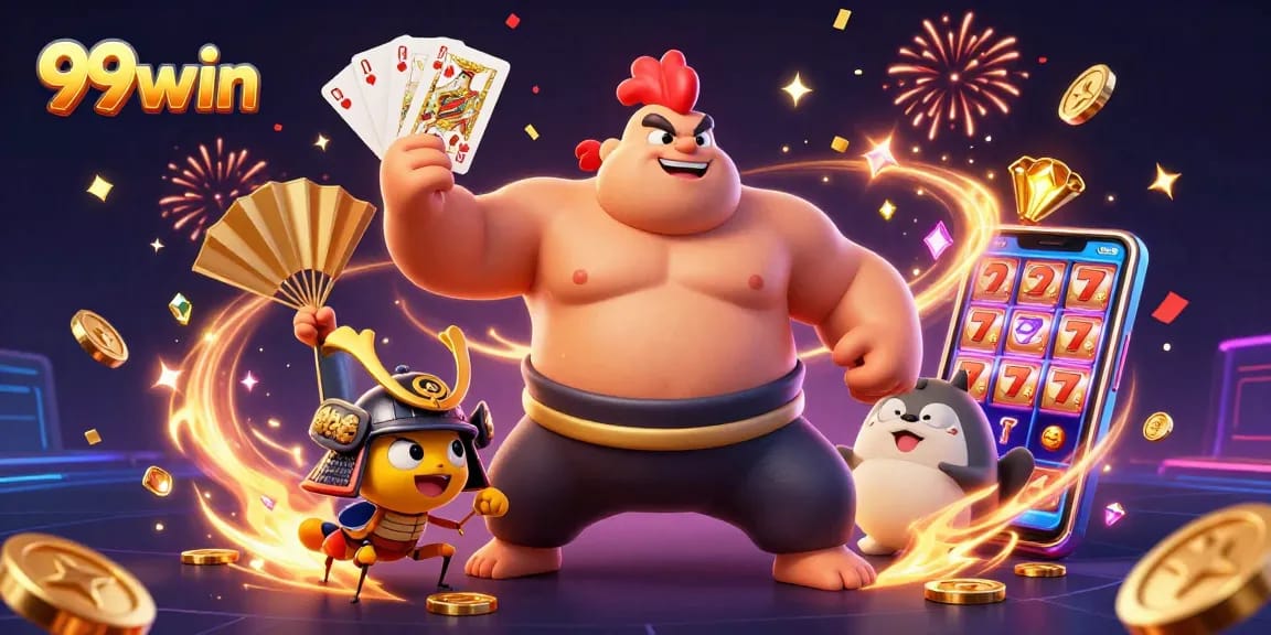 Engage in thrilling gameplay with 99win's dynamic casino illustration featuring iconic characters and elements.