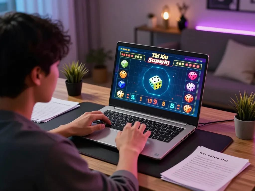 Tài Xỉu Sunwin gameplay action with a player focused on online betting at home.