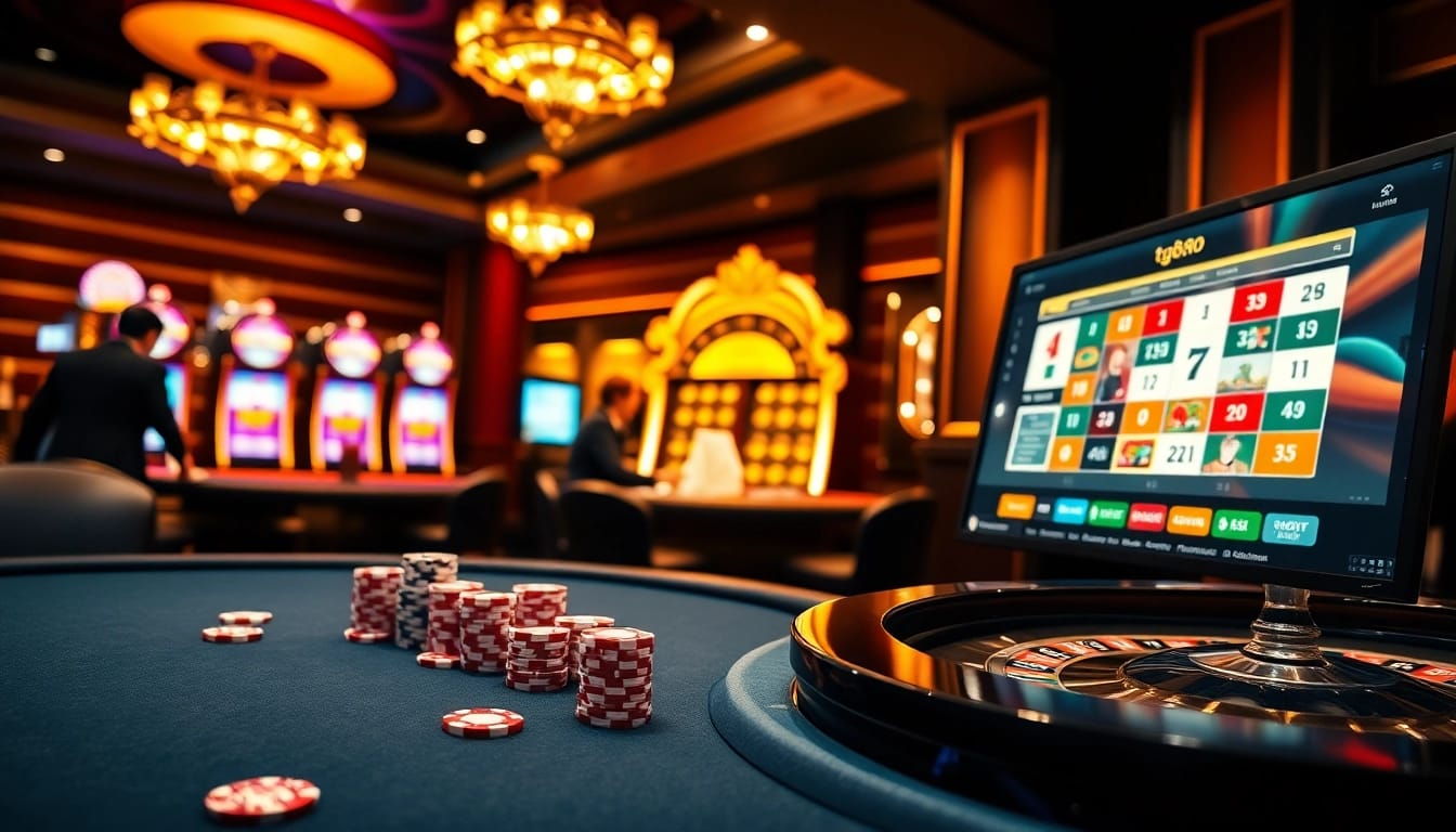 An engaging online casino scene reflecting tg88 com's vibrant gaming atmosphere with poker chips and slot machines.