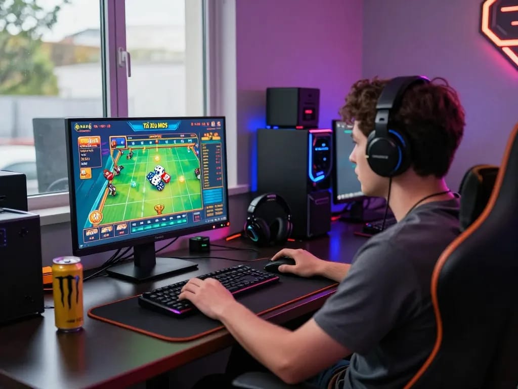Engaged player immersed in Tài Xỉu MD5 online gaming experience with vibrant graphics and accessories.