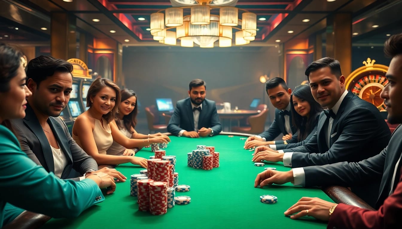 High-stakes poker scene showcasing kp88 bet excitement with players, chips, and classic casino ambiance.