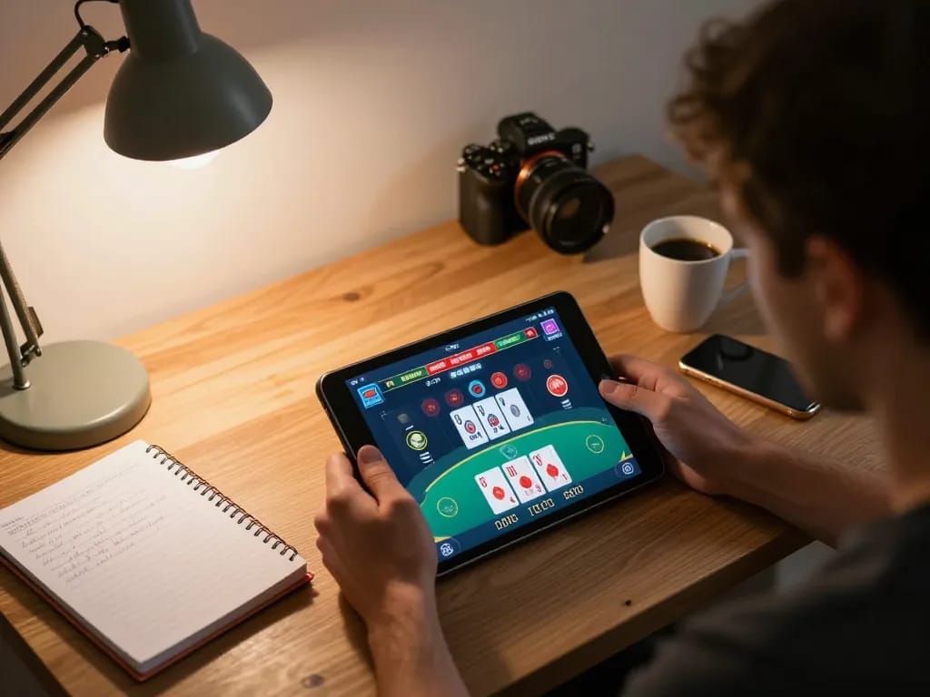 Engaging online gaming moment at 789club with player focused on poker strategy on tablet in a cozy office.