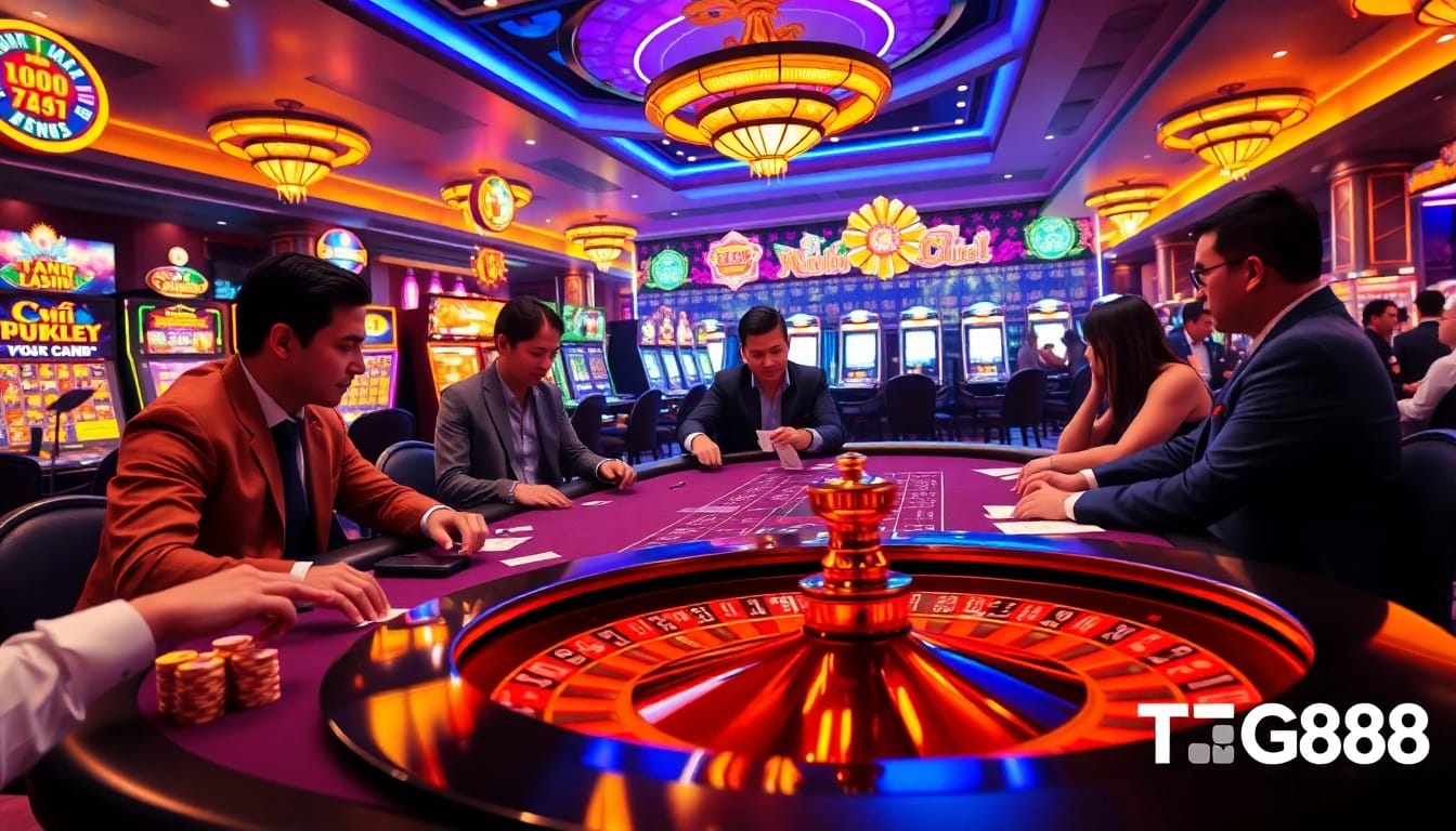 Experience the excitement of Nhà cái TG88 in this vibrant casino scene with high-stakes poker and bright slots.