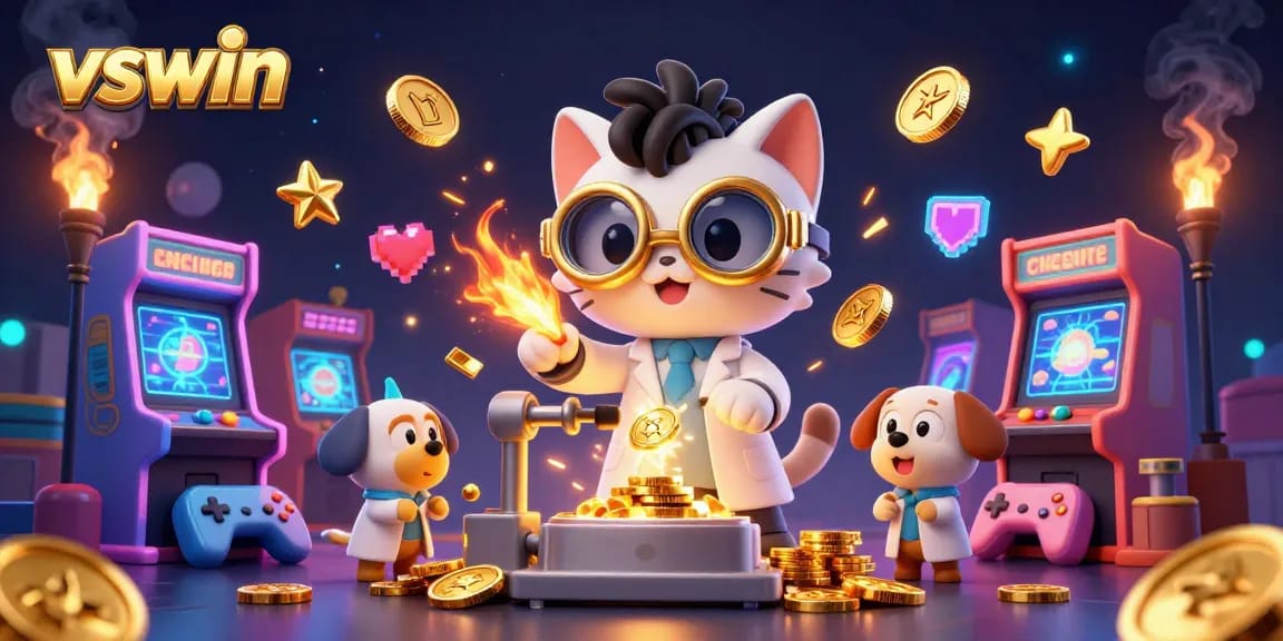 Experience thrilling gaming at vswin with a dynamic lab scene showcasing a mad scientist cat and loyal dog amidst casino elements.