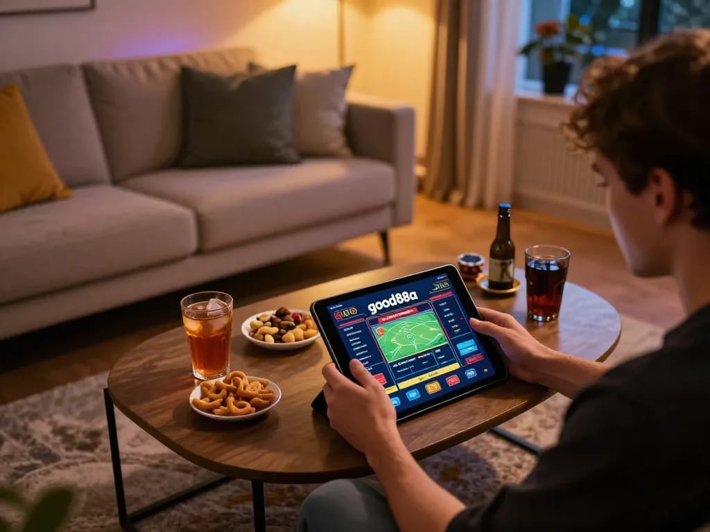 Engaging in online betting at good88a with a cozy home gaming setup.