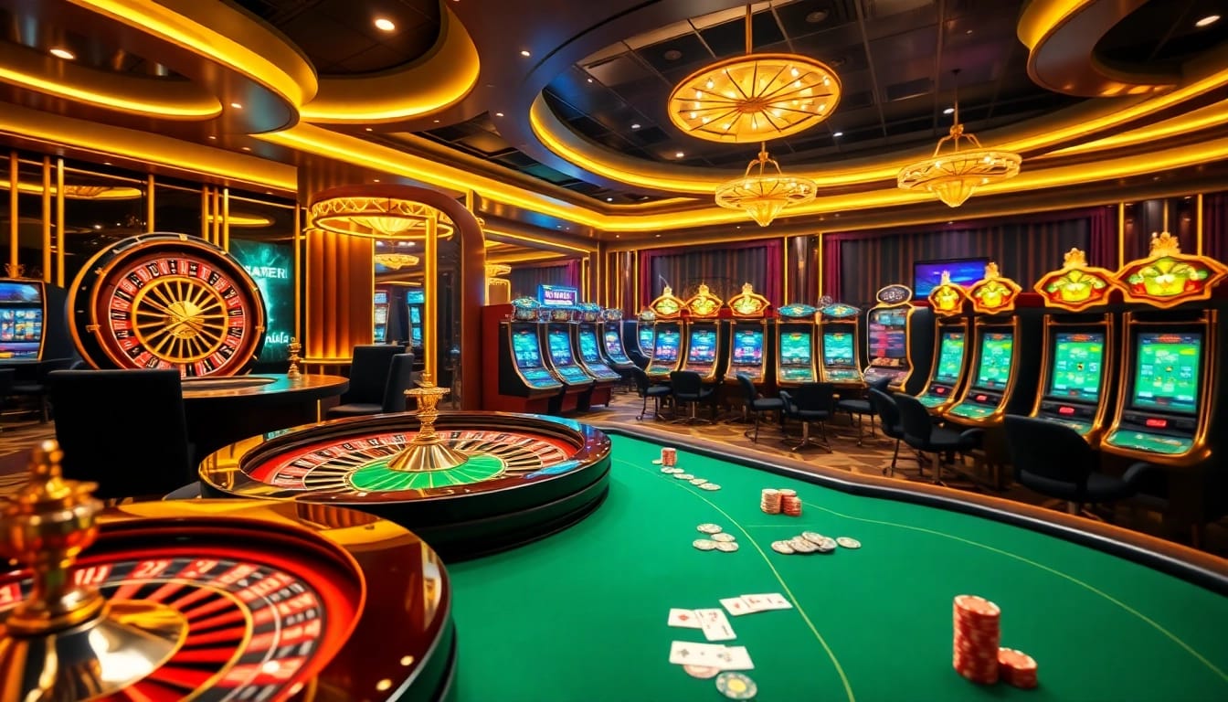 Players enjoying high-stakes gaming at QQ88pro Vip casino, featuring vibrant slot machines and poker tables.