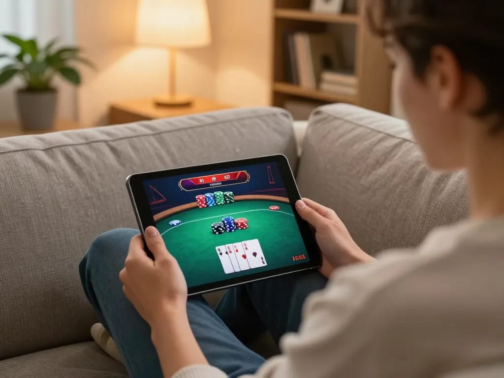 Engaging online poker experience with LLWIN, showcasing a player in a cozy home setting.