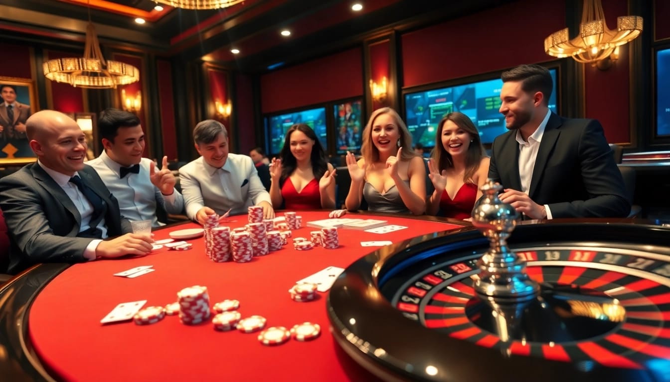 Alo 789 players celebrating a win at a luxurious poker table in a vibrant casino setting.