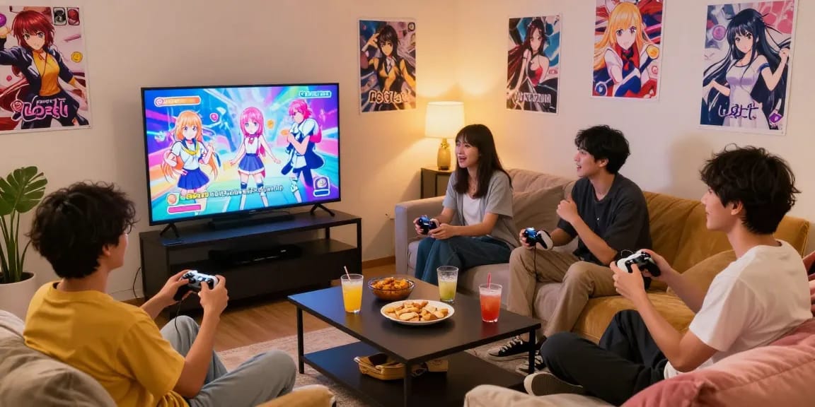 Excited friends playing free ecchi games together in a cozy lounge.