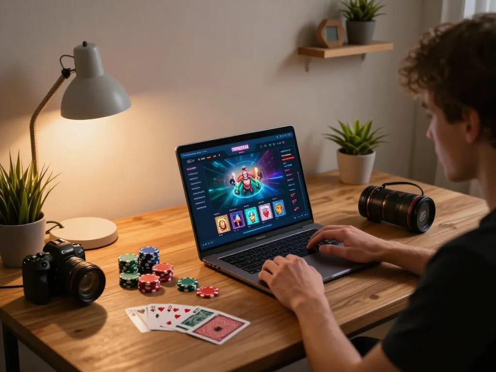 Engaged player using Go88 casino app on laptop in cozy environment, chips and cards visible