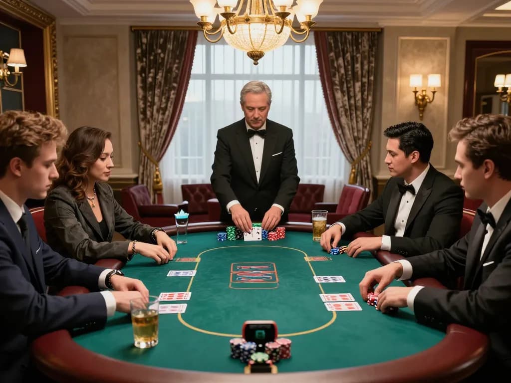 Go8 players strategizing at an upscale poker table in a luxurious casino setting