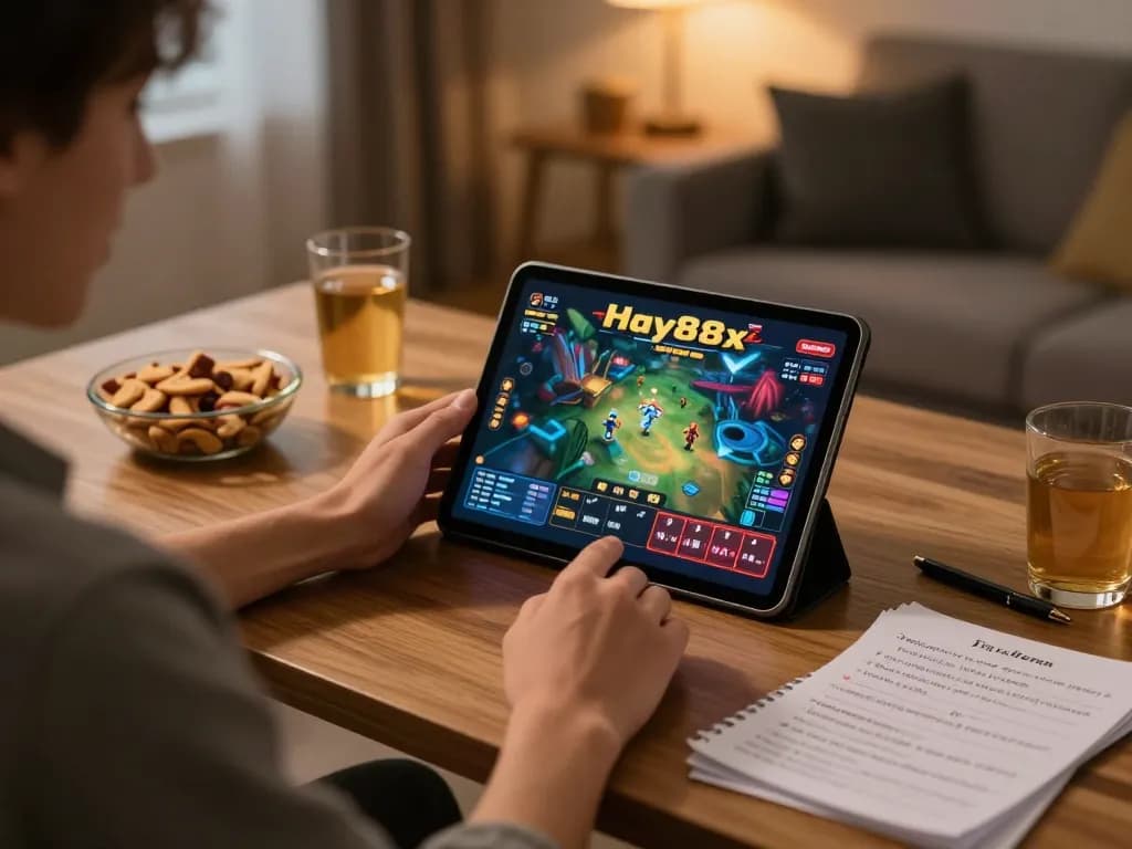 Engaging online gaming session on Hay88x casino with player immersed in tablet gameplay.