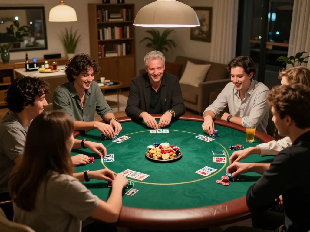 GO8 poker night setup showcasing friendly competition and snacks at a green felt table