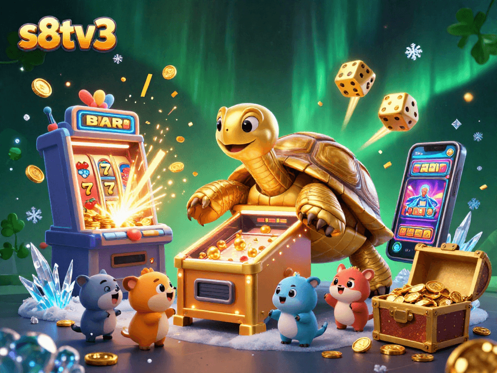 Experience thrilling gambling fun at s8tv3 with a dynamic illustration of a pinball tortoise, slot machine explosions, and enchanting casino elements.