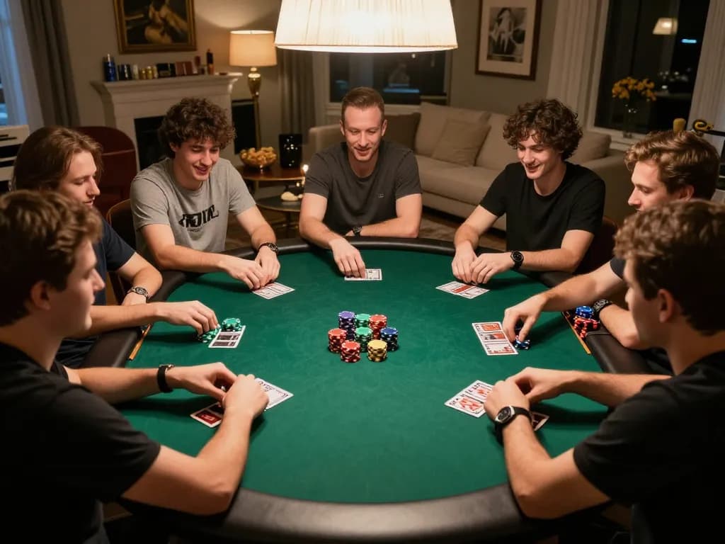 Enjoying a strategic poker night with friends while playing fun79 vip, colorful chips stacked on the table.