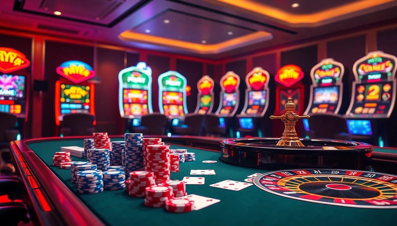 PHTAYA gaming table with vibrant poker chips and sleek playing cards in a luxurious casino setting.