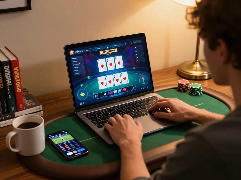 Player engaging in online poker at bl555 with vibrant interface and strategic setup, enjoying a responsible gaming experience.