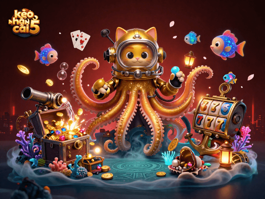 Engage with kèo nhà cái 5 through vibrant underwater scene featuring kraken and gambling elements.