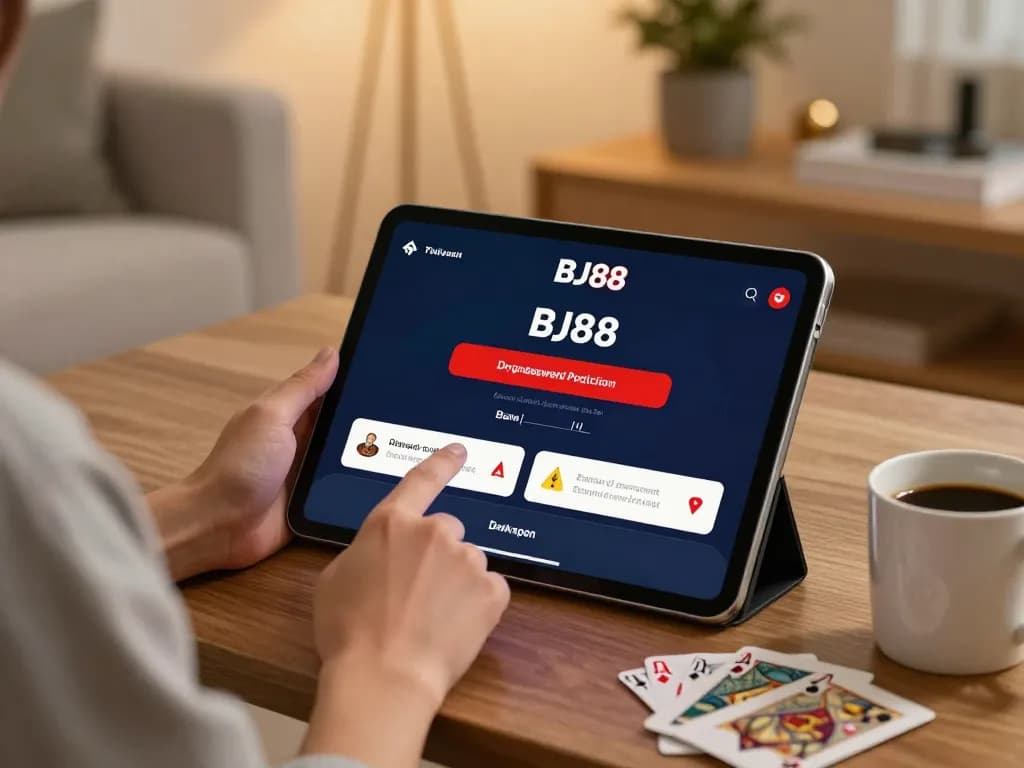 BJ88 user engaging with casino app in a cozy home environment, emphasizing responsible gaming.