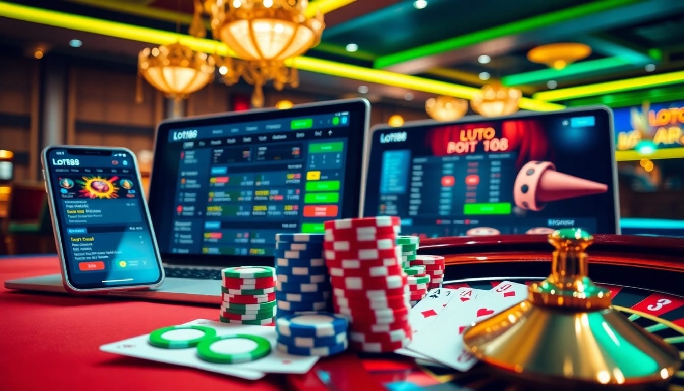 Loto188 showcases an exciting online gambling experience with poker chips and a roulette wheel.