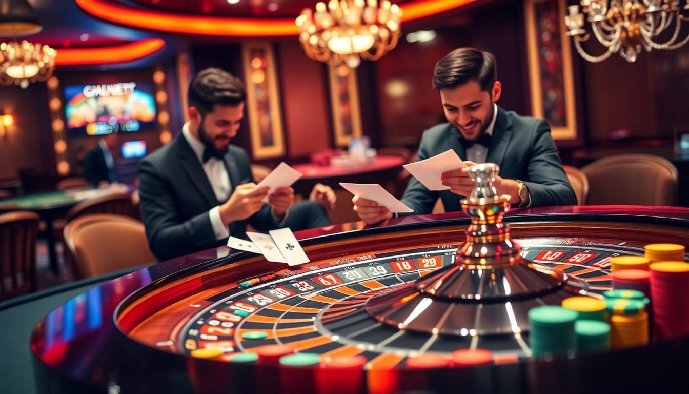 Kèo nhà cái 5 betting scene featuring roulette wheel, cards, and excited player analyzing bets.