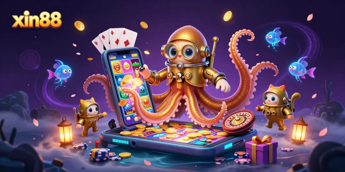 Experience the excitement of xin88 with a vibrant 3D scene featuring a kraken, diving cat, and captivating casino elements.