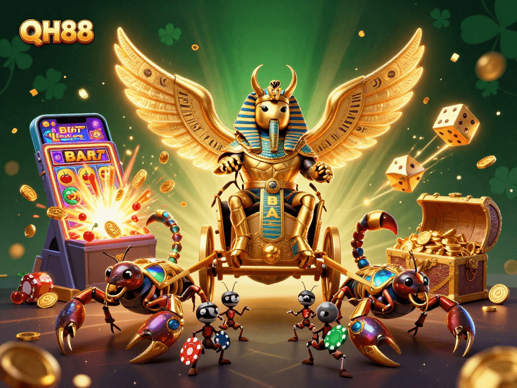 Experience the thrill of QH88 with the vibrant casino scene featuring a golden scarab beetle and jackpot symbols.
