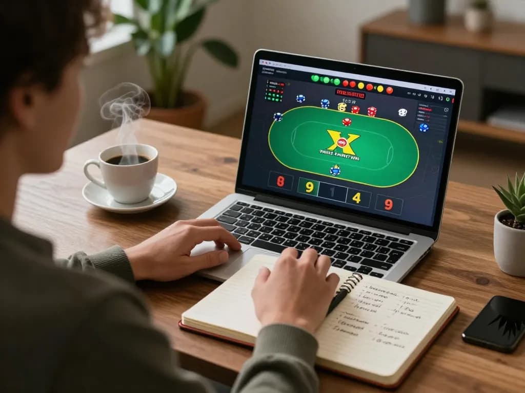 nhacaiuytin displaying engaging online poker game setup with strategic notebook beside