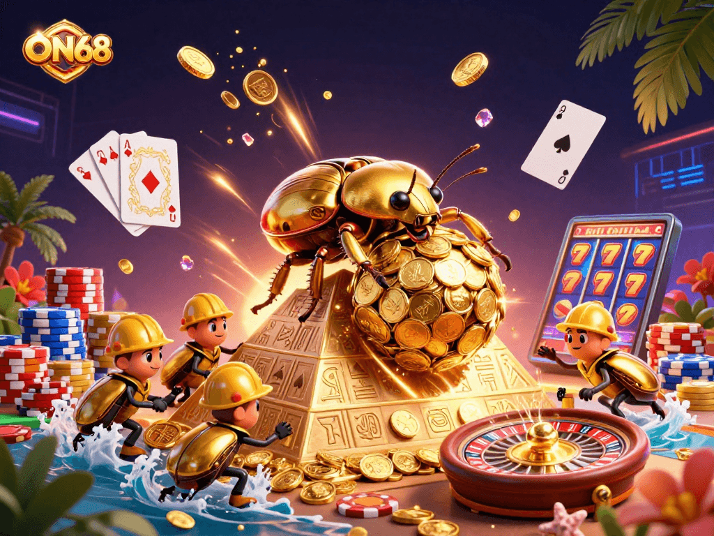 Experience winning strategies at ON68 with a golden dung beetle rolling coins in a vibrant casino scene.