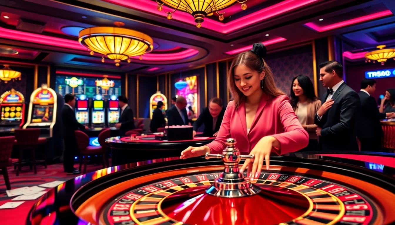 Engage with the TR88 link at a lively casino table featuring roulette, poker chips, and an enthusiastic dealer.