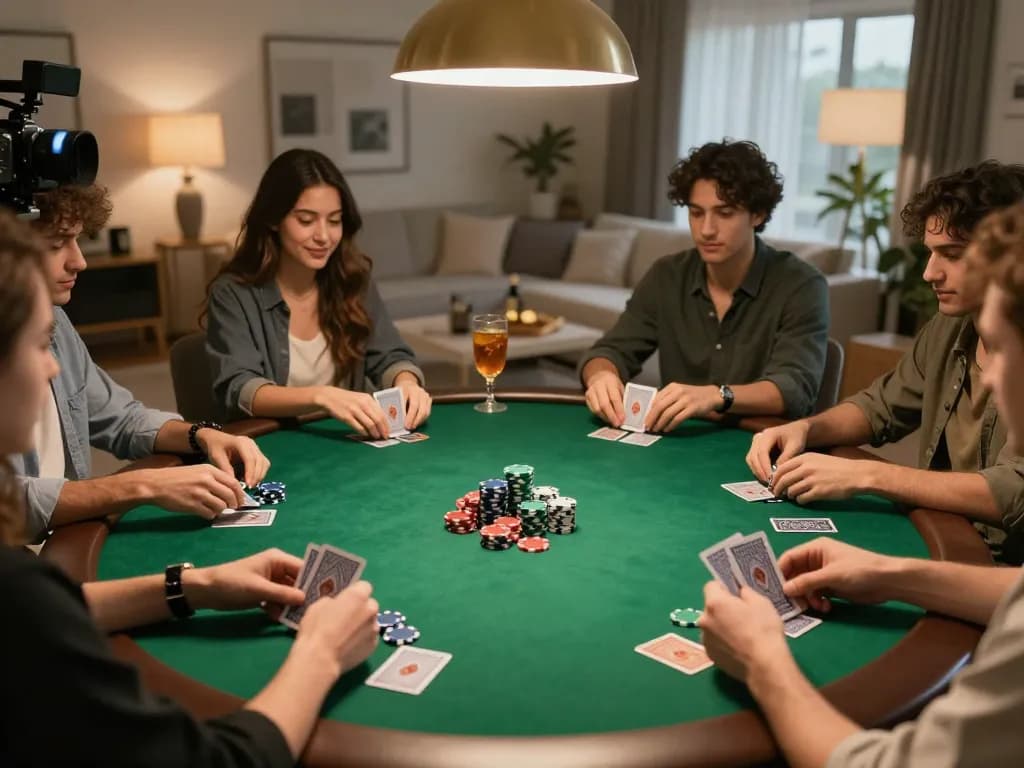 Friends enjoying an exciting bl5555 poker night, engaging in gameplay with chips and cards at a stylish home.